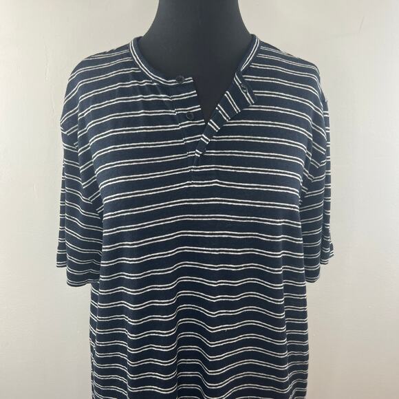 VINCE Navy White Top Linen Striped Henley Neck Short Sleeve Classic Size Large L - Picture 3 of 11